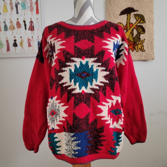 HKA Design | 90s Vintage Red Southwest Pattern Knit Sweater - Picture 1 of 5